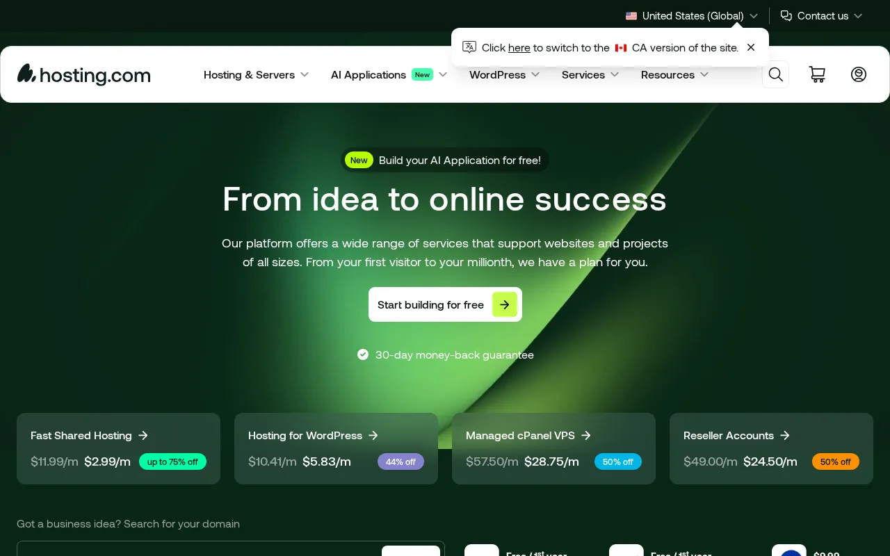Capture d'écran de Hosting.com