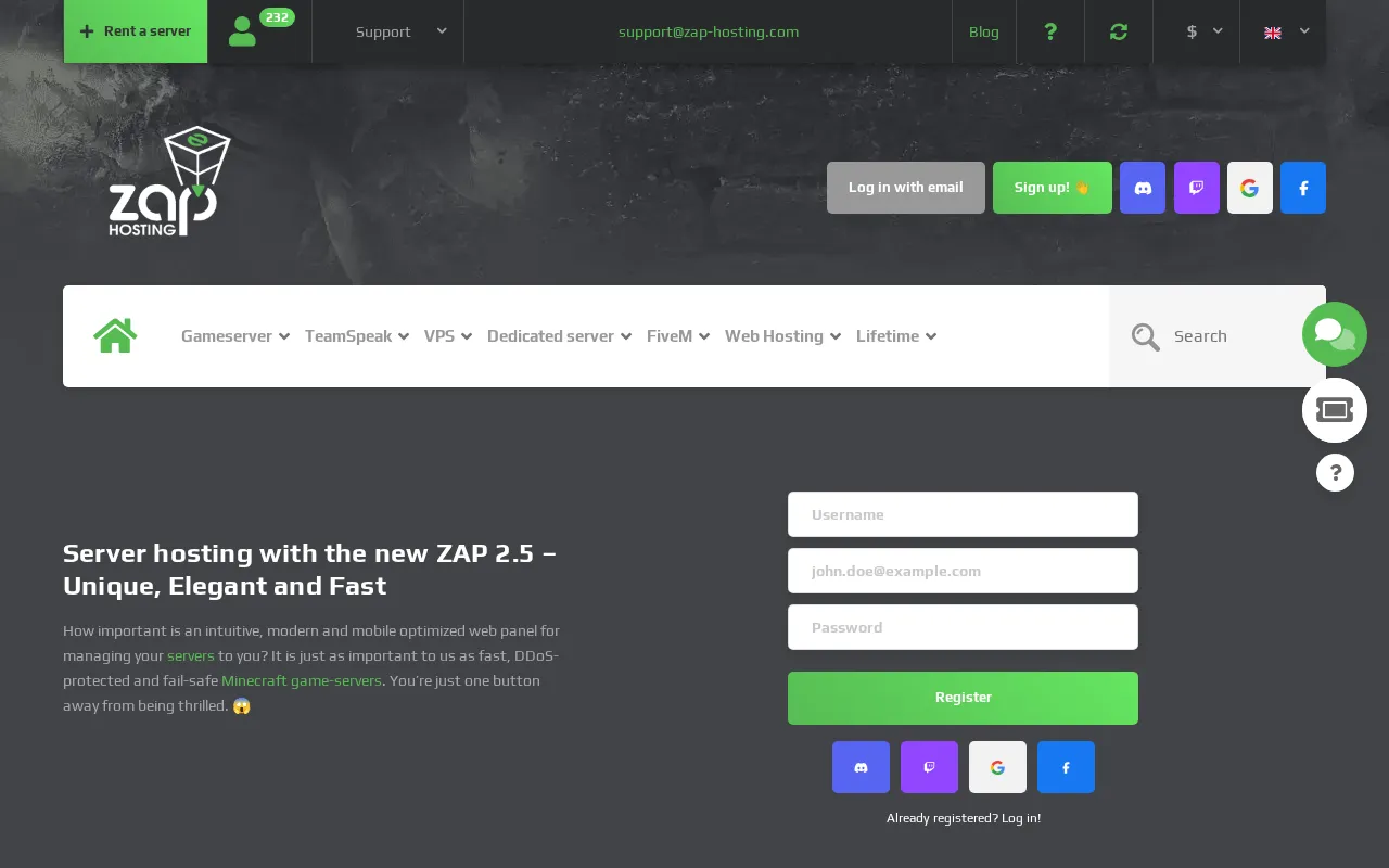 Capture d'écran de Zap Hosting